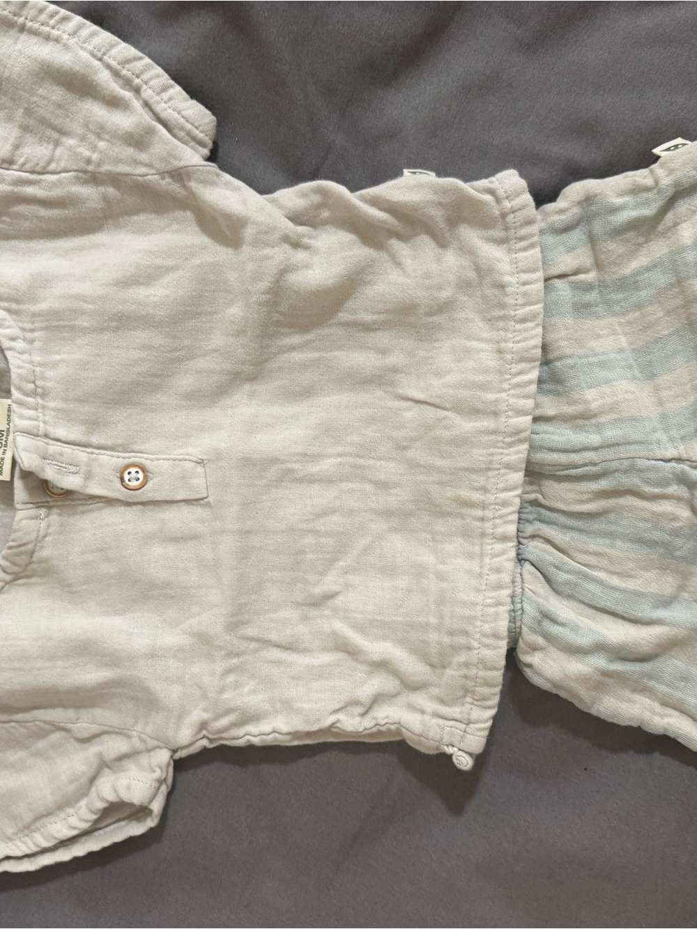 Toddler Cream Linen Matching Set with Soft Blue Stripe Skirt